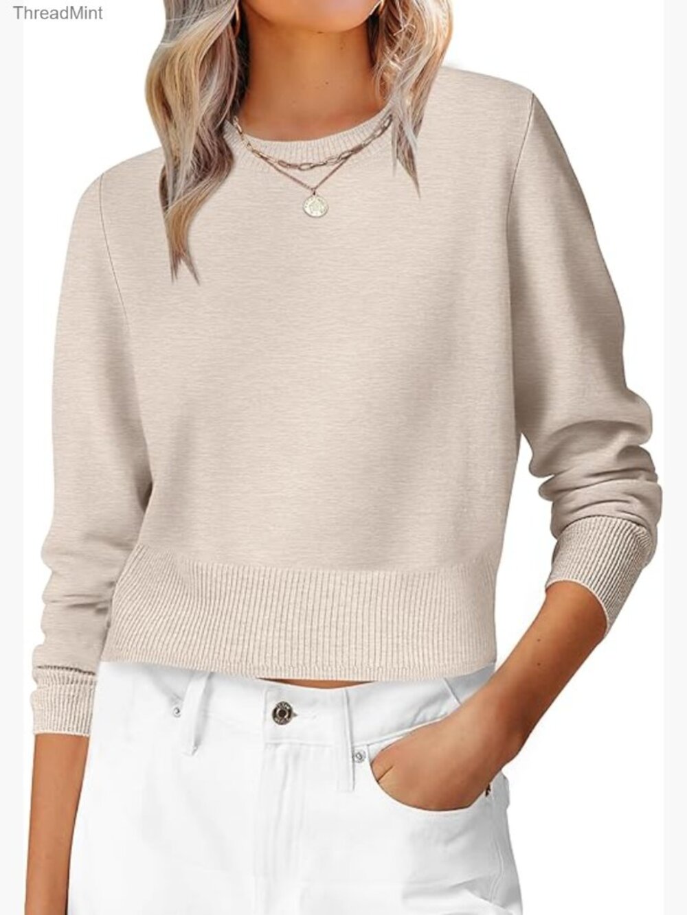 Women's Cropped Crew Neck Pullover Sweater Long Sleeve Lightweight Knit Top